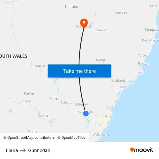 Leura to Gunnedah map
