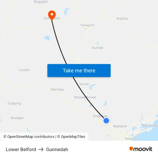 Lower Belford to Gunnedah map