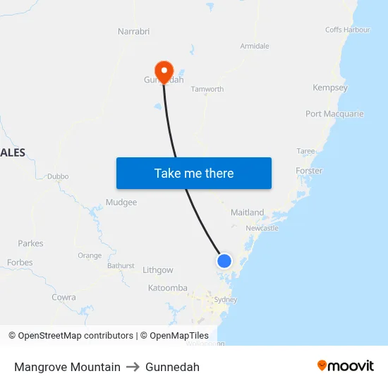 Mangrove Mountain to Gunnedah map