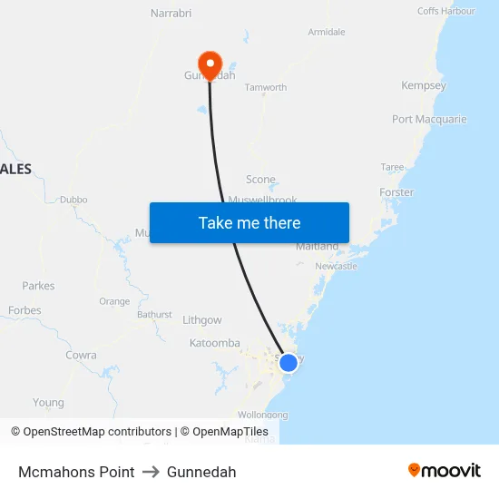 Mcmahons Point to Gunnedah map