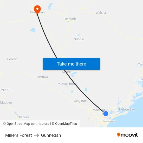 Millers Forest to Gunnedah map