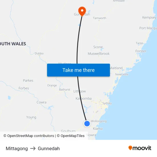 Mittagong to Gunnedah map