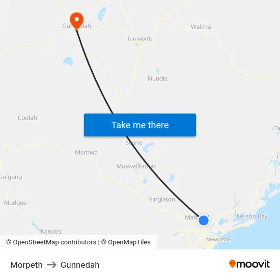Morpeth to Gunnedah map