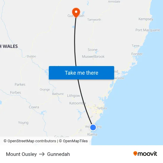 Mount Ousley to Gunnedah map