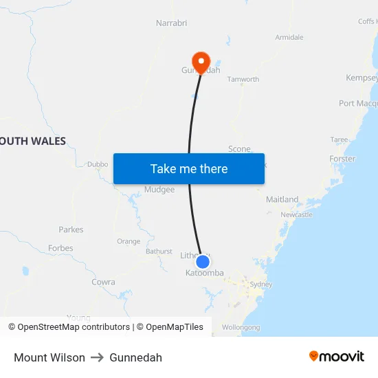 Mount Wilson to Gunnedah map