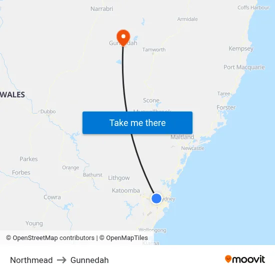 Northmead to Gunnedah map