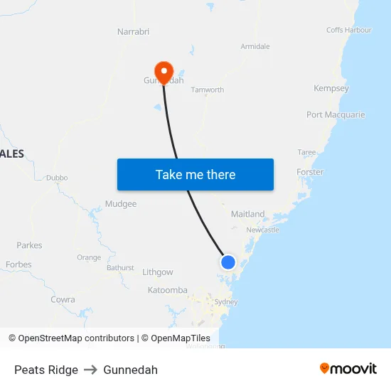 Peats Ridge to Gunnedah map