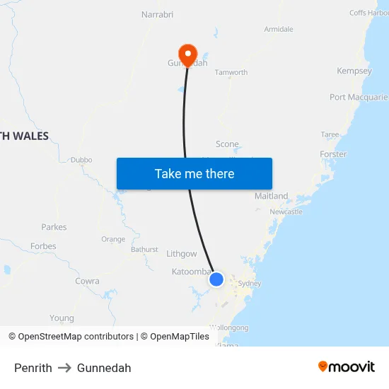 Penrith to Gunnedah map
