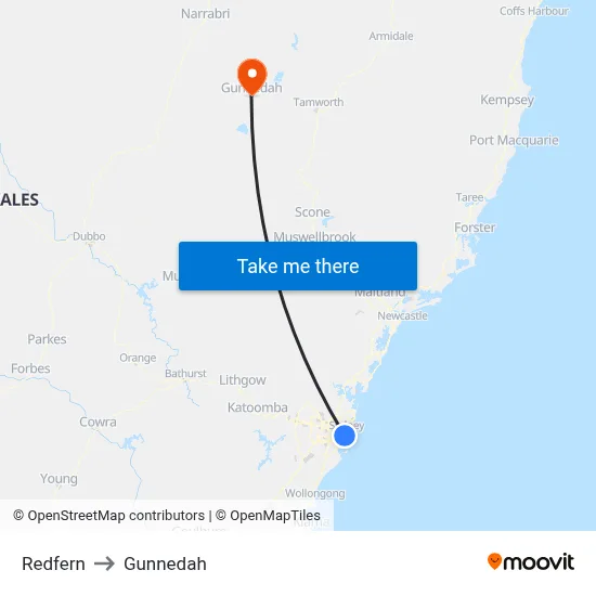 Redfern to Gunnedah map