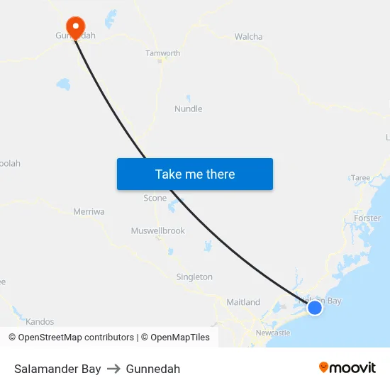 Salamander Bay to Gunnedah map