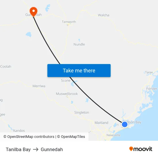 Tanilba Bay to Gunnedah map