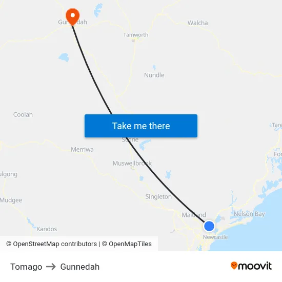 Tomago to Gunnedah map