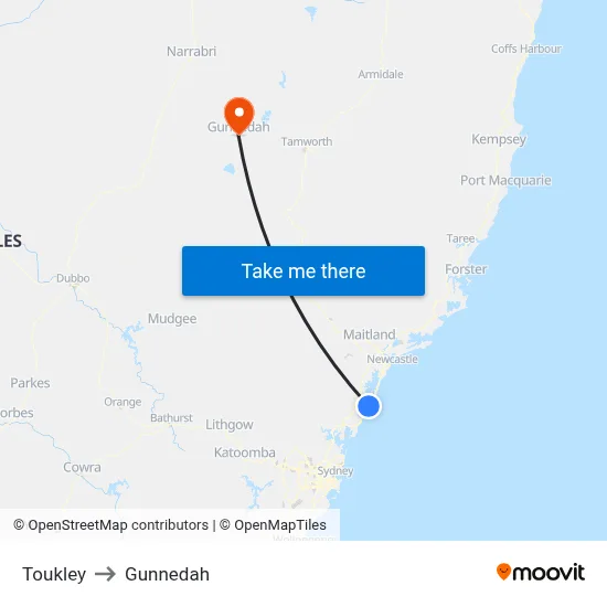 Toukley to Gunnedah map
