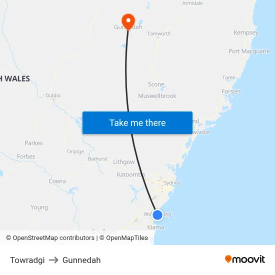 Towradgi to Gunnedah map