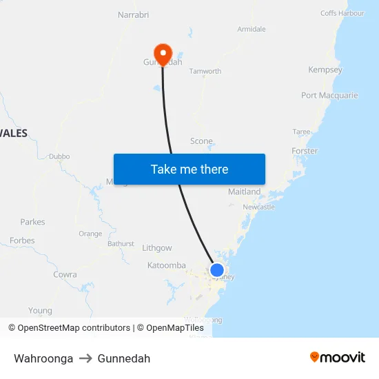 Wahroonga to Gunnedah map