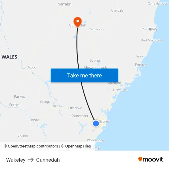 Wakeley to Gunnedah map