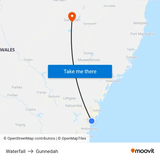 Waterfall to Gunnedah map