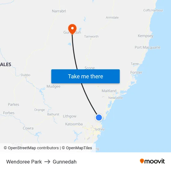 Wendoree Park to Gunnedah map