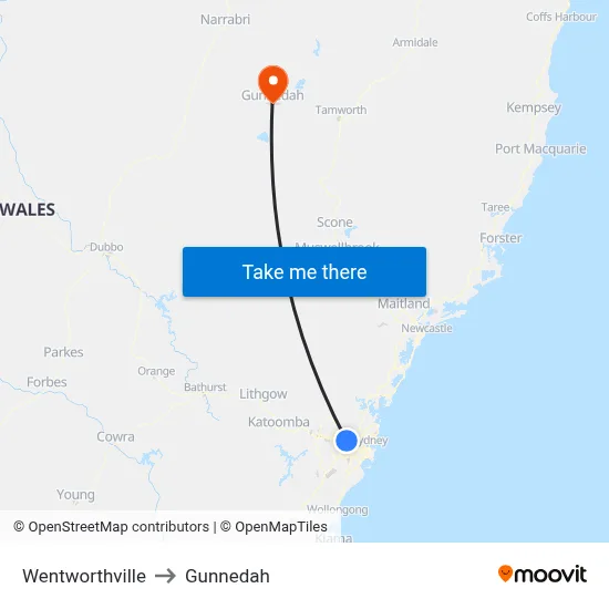 Wentworthville to Gunnedah map