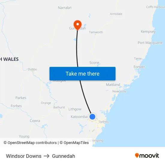 Windsor Downs to Gunnedah map