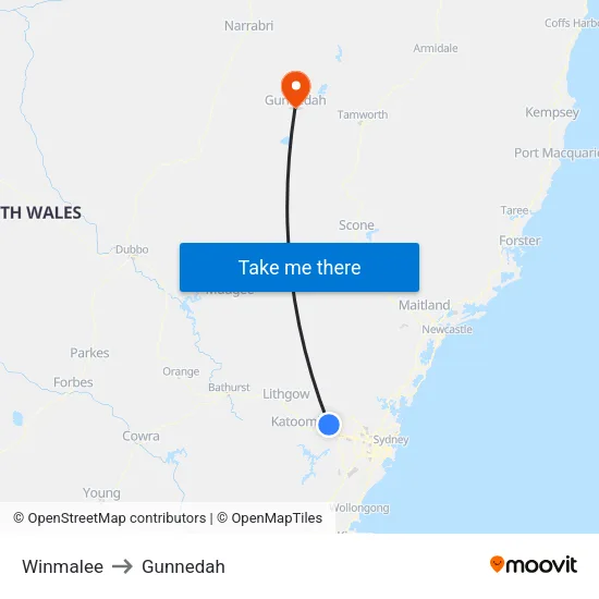 Winmalee to Gunnedah map