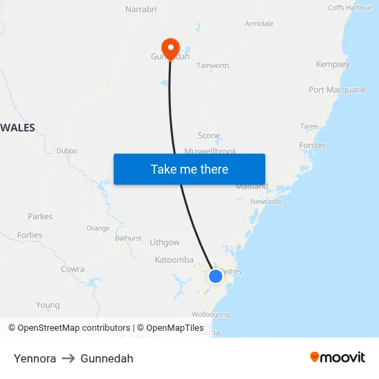 Yennora to Gunnedah map