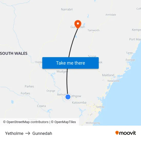 Yetholme to Gunnedah map