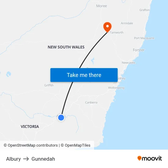 Albury to Gunnedah map
