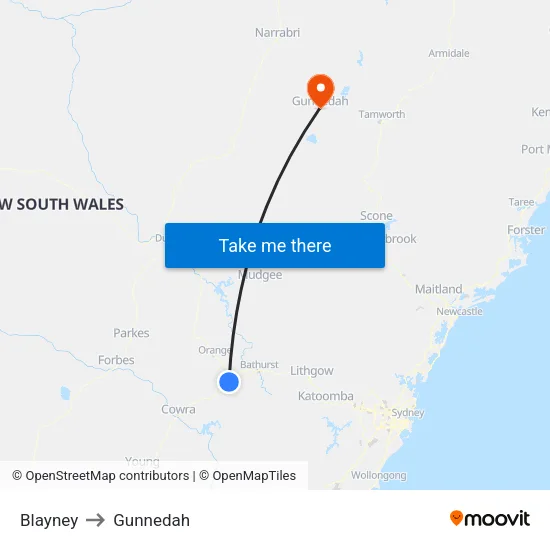 Blayney to Gunnedah map