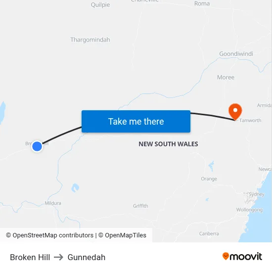 Broken Hill to Gunnedah map