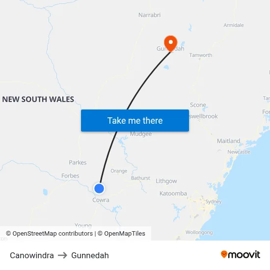 Canowindra to Gunnedah map