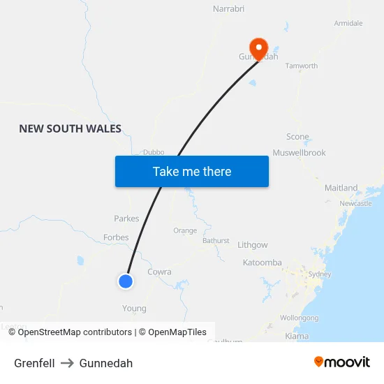 Grenfell to Gunnedah map