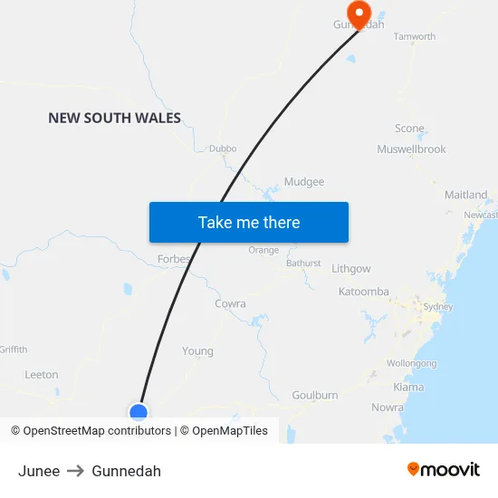Junee to Gunnedah map