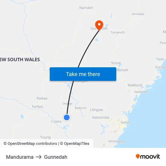 Mandurama to Gunnedah map