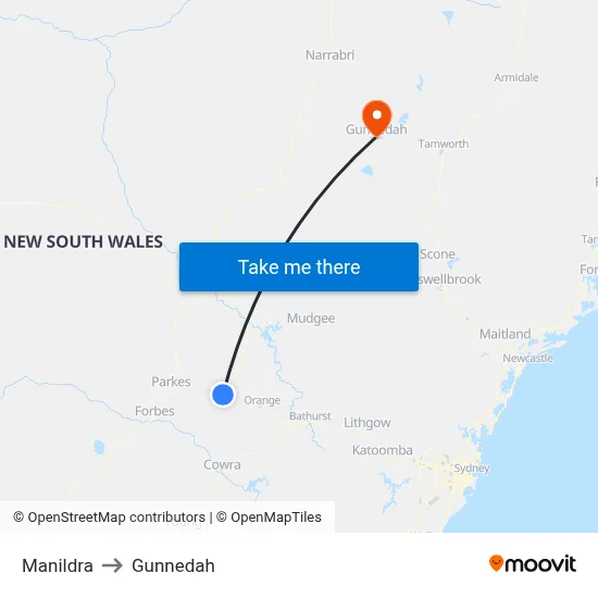 Manildra to Gunnedah map