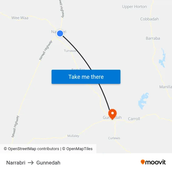 Narrabri to Gunnedah map