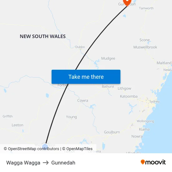 Wagga Wagga to Gunnedah map