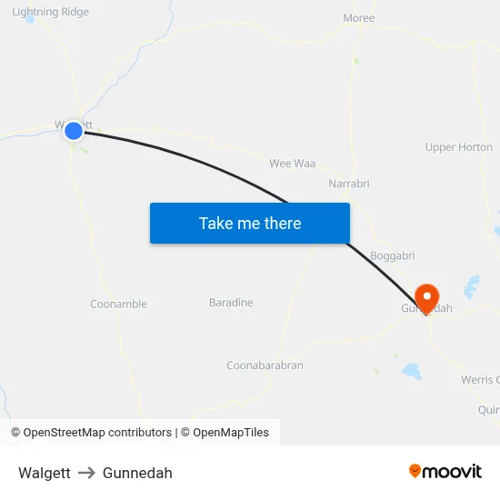 Walgett to Gunnedah map