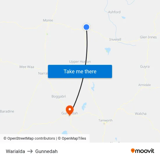 Warialda to Gunnedah map