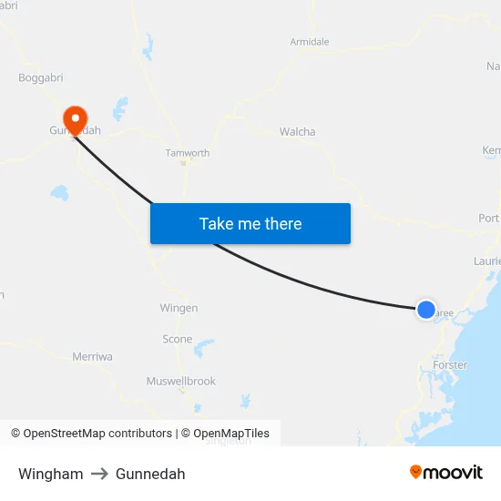 Wingham to Gunnedah map