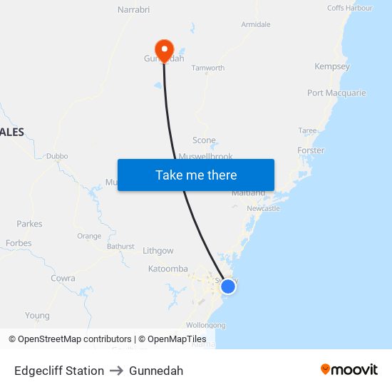 Edgecliff Station to Gunnedah map