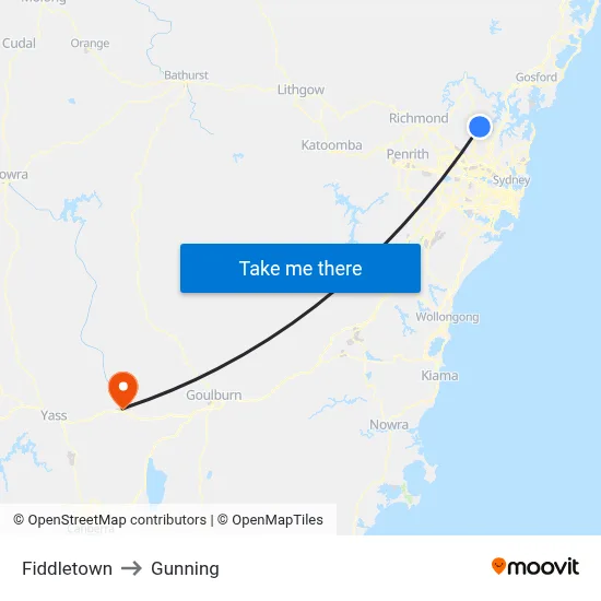 Fiddletown to Gunning map