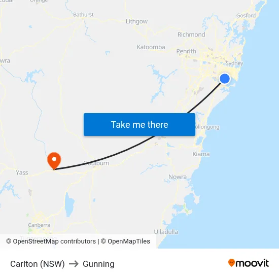 Carlton (NSW) to Gunning map