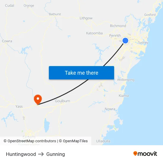 Huntingwood to Gunning map