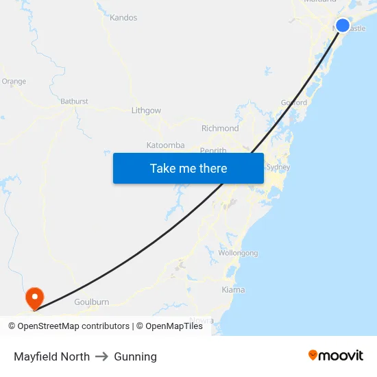 Mayfield North to Gunning map