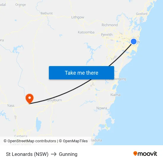 St Leonards (NSW) to Gunning map