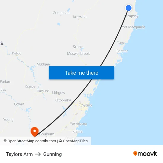 Taylors Arm to Gunning map
