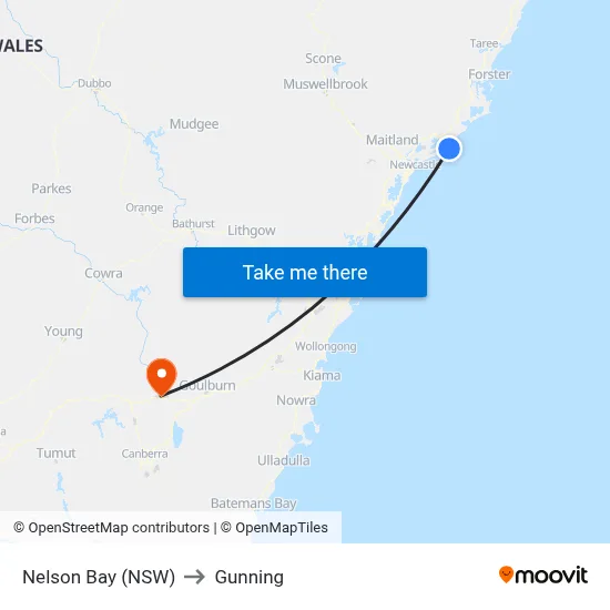 Nelson Bay (NSW) to Gunning map