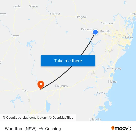 Woodford (NSW) to Gunning map