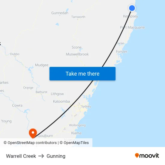 Warrell Creek to Gunning map